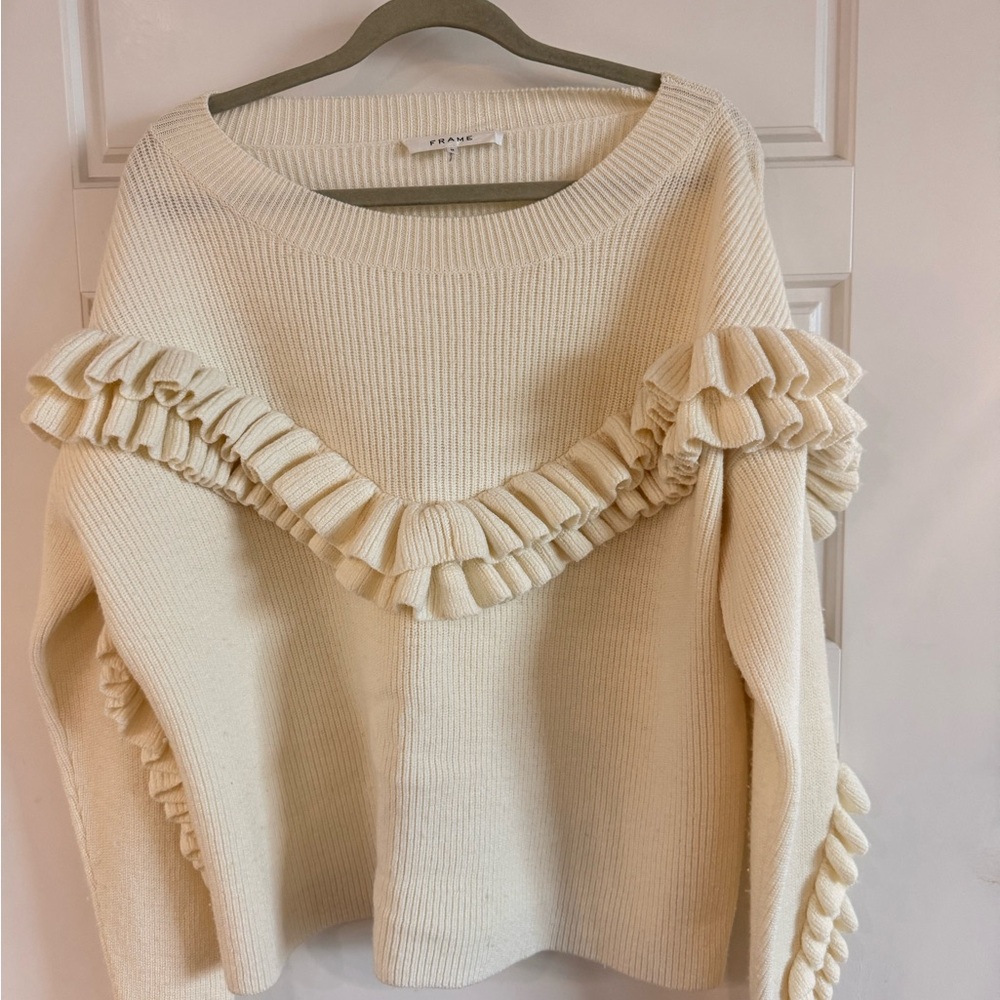 Frame Denim Long Sleeve Cream Ruffle Sweater